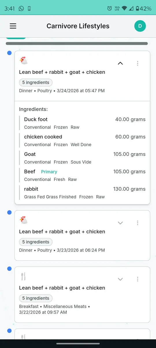 Detailed meal logging in light mode
