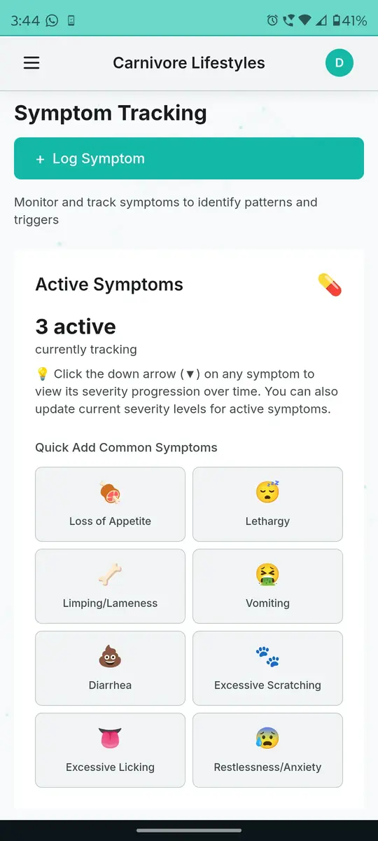 Pet symptom quick-add